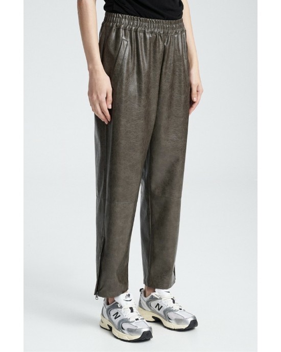 Zoya Faux Leather Elastic High Waist Slouchy Fit Khaki Παντελόνι
