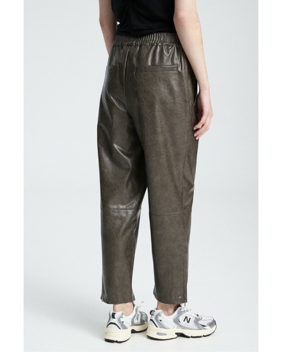 Zoya Faux Leather Elastic High Waist Slouchy Fit Khaki Παντελόνι