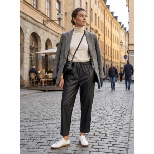 Zoya Faux Leather Elastic High Waist Slouchy Fit Black Παντελόνι