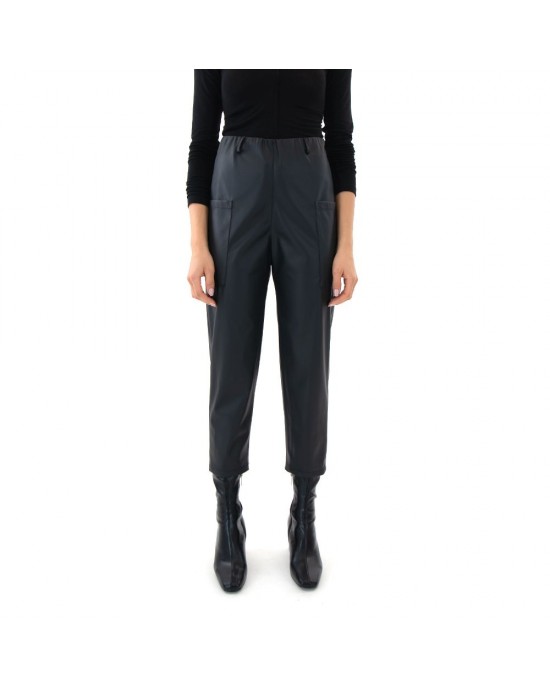 Zoya Faux Leather Elastic High Waist Slouchy Fit Black Παντελόνι