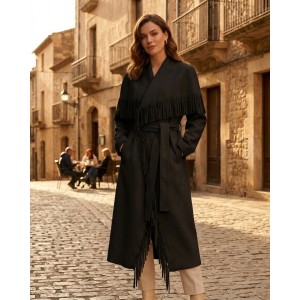 Zoya Fringed Belted Long Black Παλτό