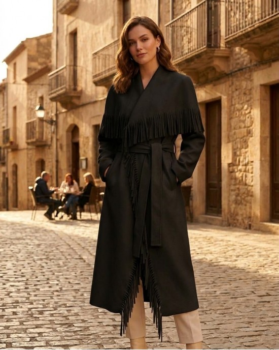 Zoya Fringed Belted Long Black Παλτό