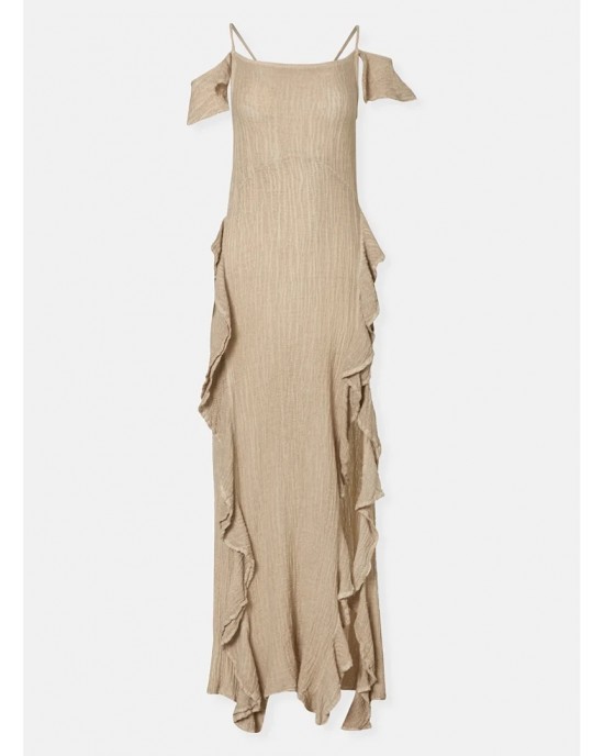 Zoya Cold-Shoulder Ruffle Gold Maxi Φόρεμα
