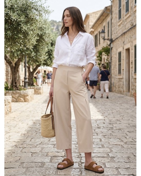 Zoya Cropped Culottes With Pleats Vanilla Παντελόνι