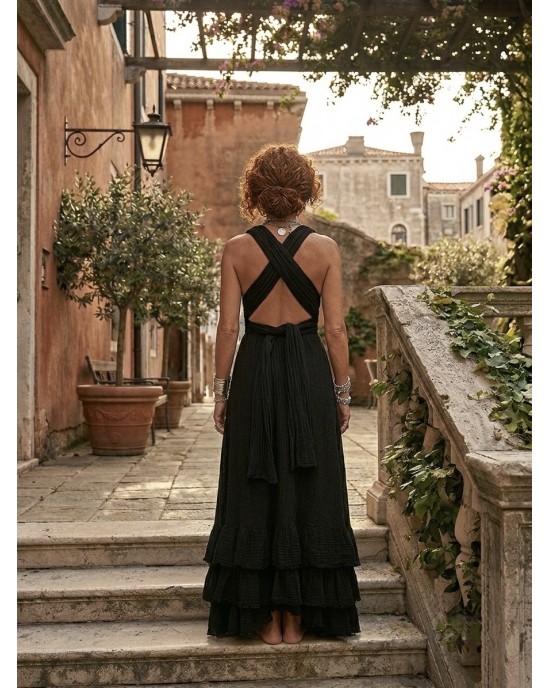 Zoya Backless Multi-Tiered Ruffle Black Maxi Φόρεμα