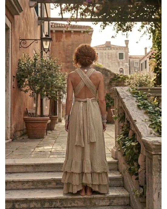 Zoya Backless Multi-Tiered Ruffle Gold Maxi Φόρεμα