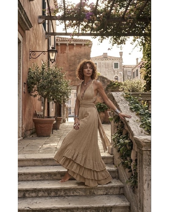 Zoya Backless Multi-Tiered Ruffle Gold Maxi Φόρεμα