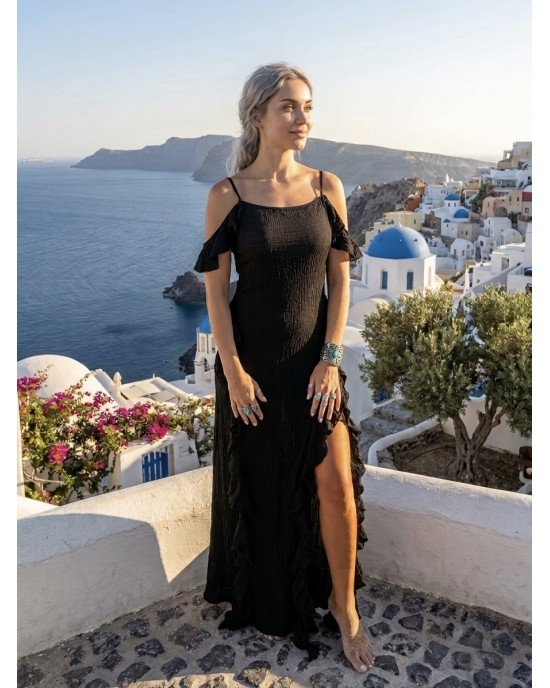 Zoya Cold-Shoulder Ruffle Black Maxi Φόρεμα