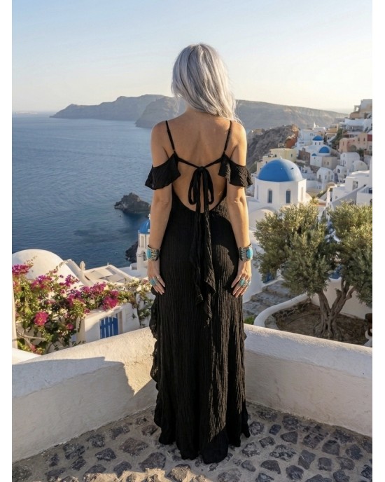 Zoya Cold-Shoulder Ruffle Black Maxi Φόρεμα