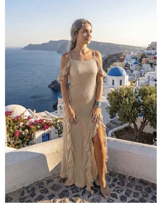 Zoya Cold-Shoulder Ruffle Gold Maxi Φόρεμα