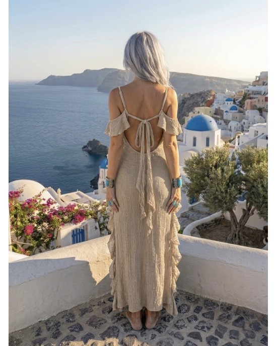 Zoya Cold-Shoulder Ruffle Gold Maxi Φόρεμα