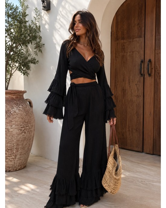 Zoya Tiered Ruffles Black Set Wrap Top & Παντελόνι