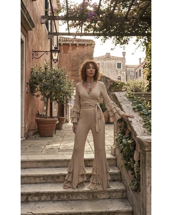 Zoya Tiered Ruffles Gold Set Wrap Top & Παντελόνι