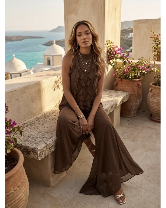 Zoya Ruffles Halter Neck Top & Wide-leg Παντελόνι Brown