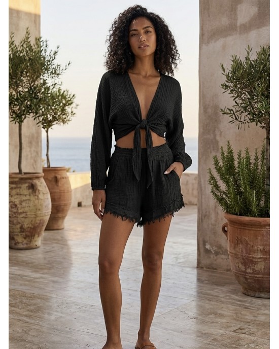 Zoya Wrap Crop Top & Σορτς Με Ξέφτια Black