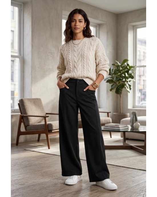 Zoya Tailored Wide-Leg Black Παντελόνι