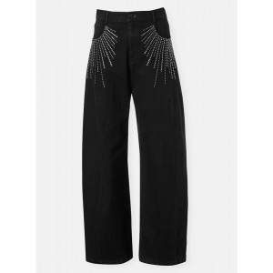 Zoya Strass Wide Leg Denim Black Παντελόνι