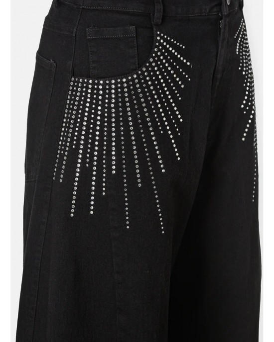 Zoya Strass Wide Leg Denim Black Παντελόνι