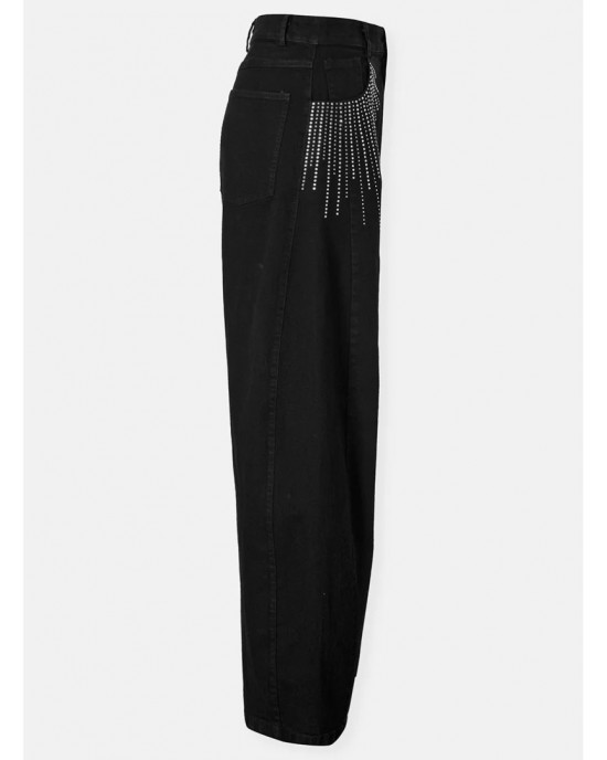 Zoya Strass Wide Leg Denim Black Παντελόνι